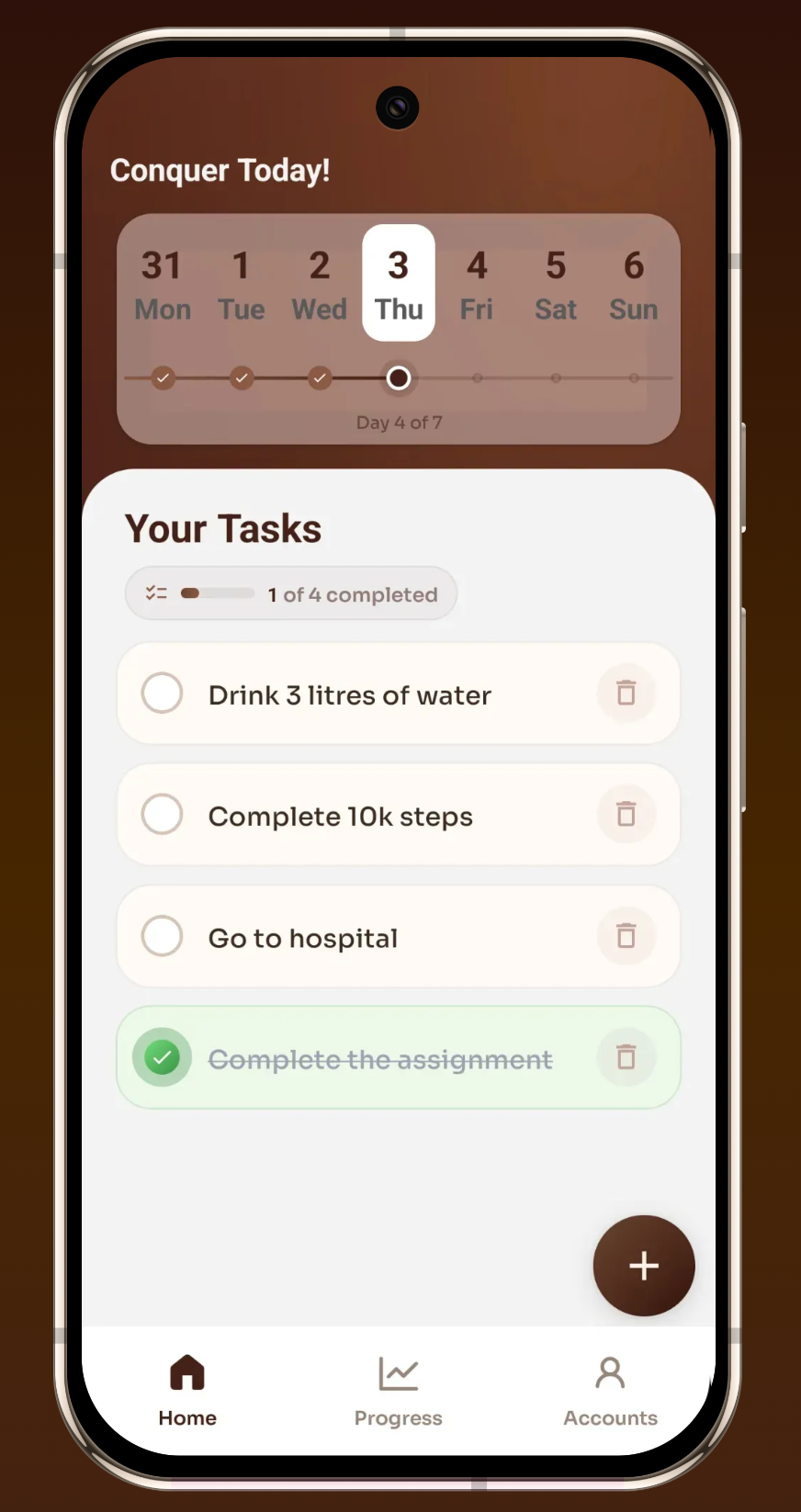 Actio home screen with a weekday strip and four tasks for the day, one completed