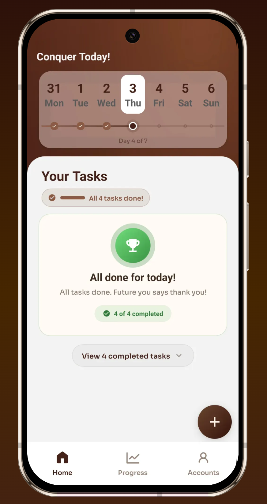 Home screen after finishing everything, showing a trophy and All done for today